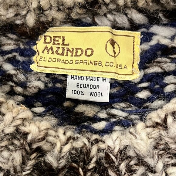 Chunky Hand Knit Herringbone Patterned Sweater, 100% Wool, Blue Brown Cream, XL - Picture 3 of 8